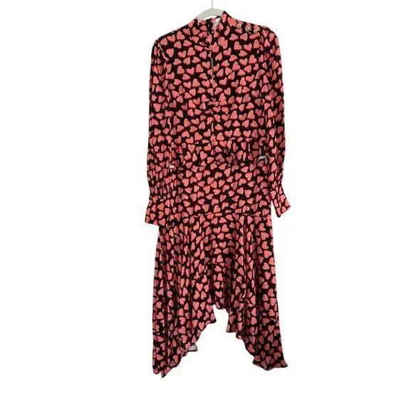 Rebecca Vallance Hotel Beau Frill Midi Dress Heart Print Long Sleeve Pink Size 4